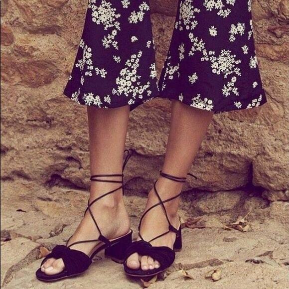 For Love & Lemons x Marais USA Black Suede Knot Wrap Tie Block Heel Sandals - Picture 3 of 12